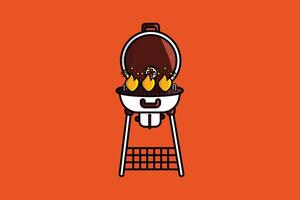 Round Barbecue Grill with Flames vector illustration. Food BBQ object icon concept. Electric barbecue grill device for frying food vector design with shadow on orange background.