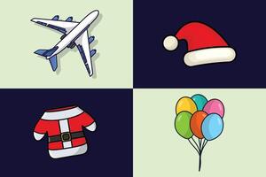 Set of Christmas Celebration and Traveling Object vector illustration. Christmas holiday object icon concept. Santa Claus Suit, Head Hat, Balloon and Airplane collection vector design, Christmas icon.