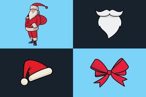 Set of Santa Claus head hat, Santa Claus, Santa Claus beard and moustache and gift ribbon vector illustration. Christmas holiday objects icon concept. Christmas decoration, Christmas festive icons.
