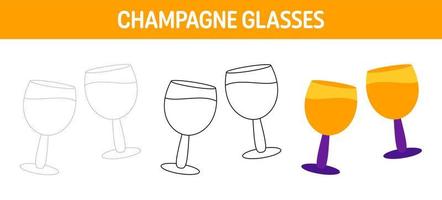 Champagne Glasses tracing and coloring worksheet for kids vector