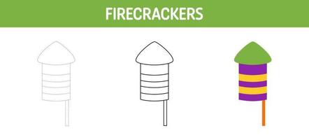 Firecrackers tracing and coloring worksheet for kids vector