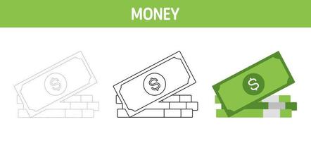 Money tracing and coloring worksheet for kids vector