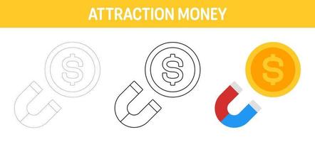 Money Attraction tracing and coloring worksheet for kids vector