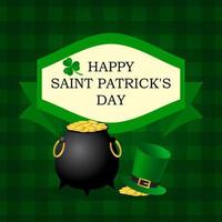 St. Patrick's Day greeting card. Cauldron with gold coins, leprechaun hat on green checkered background. Vector illustration