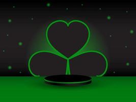 Realistic black and green 3D cylinder pedestal podium with a clover leaf in the background. Minimal stage for product demonstration, advertising display. Vector abstract design studio room platform