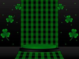 Realistic black and green 3D cylinder pedestal podium on checkered background with clover leaf around it. Minimal stage for product demonstration, advertising display vector