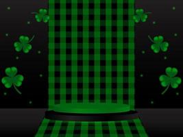 Realistic black and green 3D cylinder pedestal podium on checkered background with clover leaf around it. Minimal stage for product demonstration, advertising display vector