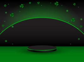 Realistic black and green 3D cylinder pedestal podium with a clover leaf in the background. Minimal stage for product demonstration, advertising display. Vector abstract design studio room platform