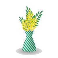 Blooming sprig of mimosa in a vase. A greeting card for Women's Day. Vector illustration