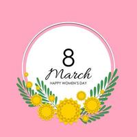 Women's Day greeting card. Design a card for March 8 with a blossoming sprig of mimosa. Spring flowers mimosa. Vector illustration