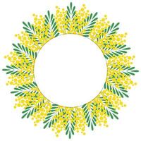 Decorative floral circular frame. Frame made of branches of a blooming mimosa. Template for postcard, invitation, greeting card. Vector illustration