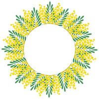 Decorative floral circular frame. Frame made of branches of a blooming mimosa. Template for postcard, invitation, greeting card. Vector illustration