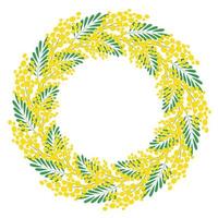 Decorative floral circular frame. Frame made of branches of a blooming mimosa. Template for postcard, invitation, greeting card. Vector illustration