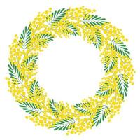 Decorative floral circular frame. Frame made of branches of a blooming mimosa. Template for postcard, invitation, greeting card. Vector illustration