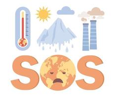 Climate change set. SOS text with Planet Earth. Global warming thermometer. Ecology hazards, air pollution. Save world. Vector flat illustration