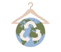 Slow fashion concept. Earth planet with reuse sign and clothes hanger. Reduce, Recycle symbol. Vector flat illustration