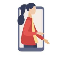 Woman on smartphone screen. Face on display telephone. Blogger in mobile phone. Different social media icon. Vector flat illustration