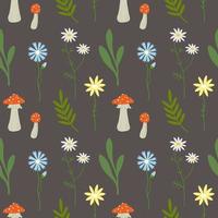 Cute seamless repeating pattern with forest flowers and mushrooms on a brown background, floral motif. .Decorative texture.For wrapping paper, fabric and product design.Vector vector