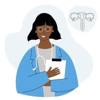 Gynecologist. Reception of patients. The doctor explains the structure of the uterus, female disease vector illustration on an isolated white background. Flat design female gynecology internal organs