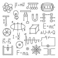 Physics doodle set. Education and study concept. School equipment, formulas, schemes in sketch style. Vector illustration isolated on white background