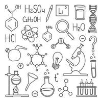 Chemistry doodle set. Chemical laboratory equipment in sketch style. Flasks, formulas, microscope, burner Hand drawn vector illustration isolated on white background