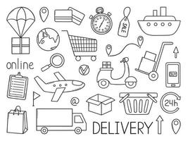 Delivery service doodle set. Online shopping in sketch style.  Hand drawn vector illustration isolated on white background.