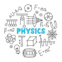 Physics doodle set. Education and study concept. School equipment, formulas, schemes in sketch style. Vector illustration isolated on white background