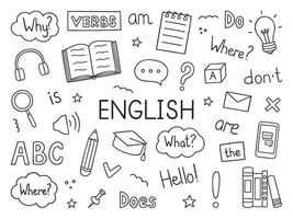 Learning English doodle set. Language school in sketch style. Online language education course. Hand drawn vector illustration isolated on white background