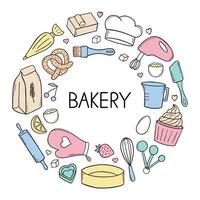 Bakery doodle set. Cooking elements. Mixer, butter, flour, spoon, whisk in sketch style.  Hand drawn vector illustration isolated on white background.