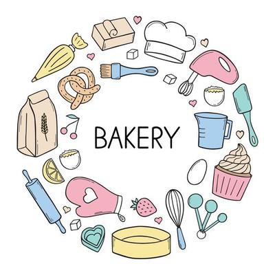 Bakery doodle set. Cooking elements. Mixer, butter, flour, spoon, whisk in sketch style.  Hand drawn vector illustration isolated on white background.