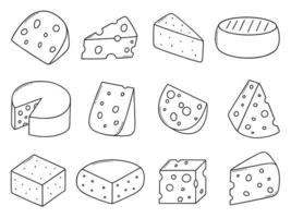 Cheese doodle set. Cheese types in sketch style.  Hand drawn vector illustration isolated on white background.