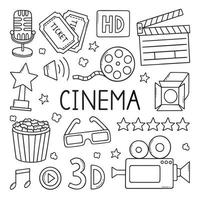 Cinema, film doodle set. Movie elements in sketch style. Camera, film strip, popcorn, clapperboard, ticket. Hand drawn vector illustration isolated on white background.