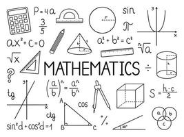 Mathematics doodle set. Education and study concept. School equipment, maths formulas in sketch style. Hand drawn ector illustration isolated on white background vector