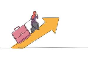 Continuous one line drawing of young female Arabic worker climb arrow up symbol while pulling briefcase. Success manager minimalist concept. Trendy single line draw design vector graphic illustration
