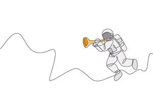 One continuous line drawing of astronaut with spacesuit playing trumpet in galaxy universe. Outer space music concert and orchestra concept. Dynamic single line draw design vector graphic illustration