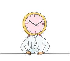 Single one line drawing of young Arabian business man with analog clock head at the office. Business time discipline metaphor concept. Modern continuous line draw design graphic vector illustration.