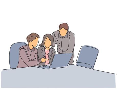 Single continuous line drawing of young business man and business woman discussing project learning data graph on laptop screen. Business meeting one line draw design graphic vector illustration