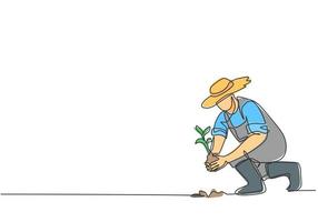 Single continuous line drawing young male farmer planting plant shoots in the ground. Start the planting period. Minimalism metaphor concept. Dynamic one line draw graphic design vector illustration.