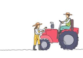 Single continuous line drawing male farmer drive a tractor to plow the fields and female farmers helped. Successful farming challenge minimal concept. One line draw graphic design vector illustration.