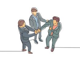 Continuous line drawing of business man handshake his colleague to deal a project. Business teamwork meeting at office concept. Single line drawing design, graphic vector illustration