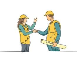 One line drawing of young architect woman and builder foreman wearing construction vest and helmet handshake to deal a project. Great teamwork concept. Continuous line drawing vector illustration