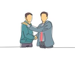 Single line drawing of businessmen handshaking his business partner after getting big project. Great teamwork. Business deal concept with continuous line draw style vector graphic illustration