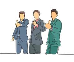 Single line drawing of young happy businessmen wearing suit giving thumbs up gesture. Business owner dealing a teamwork concept. Trendy continuous line draw design graphic vector illustration