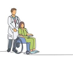 One line drawing of young doctor visiting and handshaking the old patient with wheelchair in hospital. Healthcare concept. Continuous line drawing vector illustration