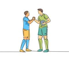 Continuous line drawing of two football player bring a ball and handshaking to show sportsmanship before starting the match. Respect in soccer sport concept. One line drawing vector illustration