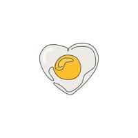 One single line drawing of fresh sunny side up egg with love shape logo vector illustration. Breakfast food cafe menu and restaurant badge concept. Modern continuous line draw design food logotype