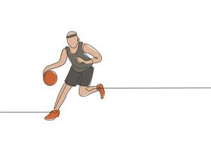 un dibujo de línea continua de un joven jugador de baloncesto practicando y entrenando en el campo de la cancha. concepto de deporte de equipo. ilustración de vector de diseño de dibujo de línea única dinámica para cartel de partido de campeonato