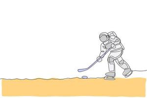 One single line drawing spaceman astronaut practicing ice hockey in cosmic galaxy vector graphic illustration. Healthy outer space cosmonaut lifestyle sport concept. Modern continuous line draw design