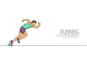 One continuous line drawing of young sporty man runner focus to run fast at track. Health activity sport concept. Dynamic single line draw design vector illustration for running event promotion poster