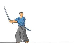 un dibujo de una sola línea de un joven guerrero samurái japonés sosteniendo una espada katana practicando en el centro del dojo ilustración vectorial gráfica. concepto de arte marcial combativo. diseño moderno de dibujo de línea continua vector